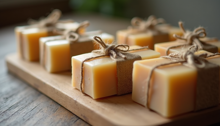 Close-up view of artisan soap bars wrapped in natural twine