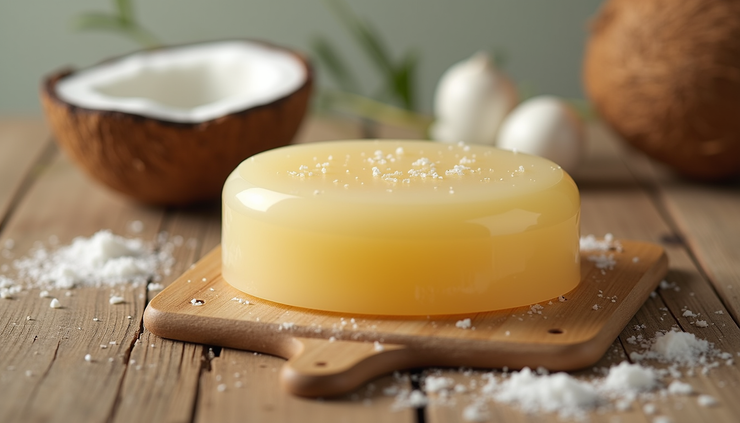 Close-up view of a natural soap bar made with olive oil and coconut oil