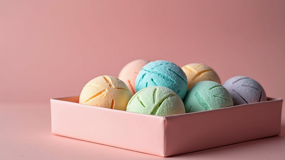 Close-up view of colorful luxury bath bombs arranged in a gift box
