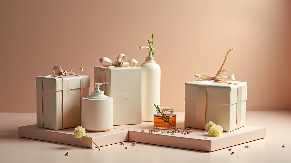 Eye-level view of elegant gift boxes with natural skincare products arranged neatly