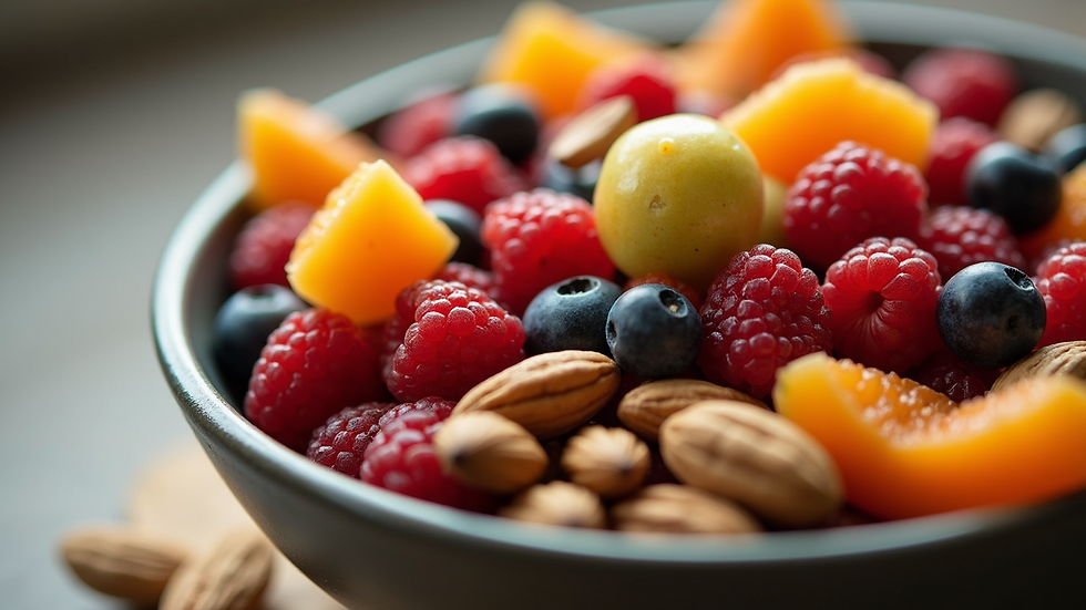 Close-up view of a colorful bowl of fresh fruits and nuts