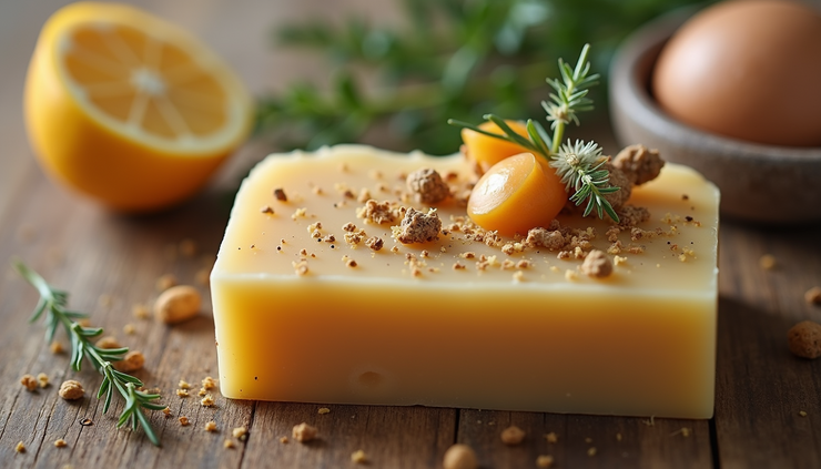 Close-up view of a bar of handmade soap with botanical ingredients