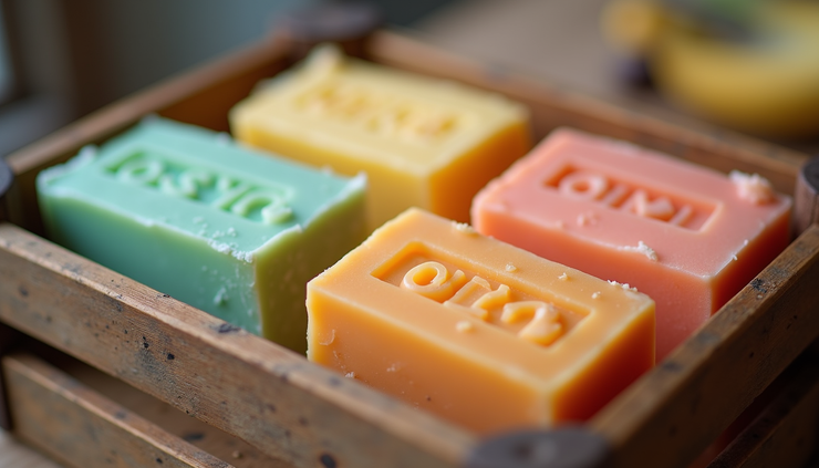Close-up view of colorful handmade soap bars arranged neatly in a wooden crate