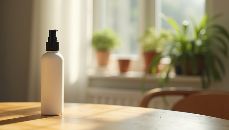 Close-up view of a natural room spray bottle on a wooden table with soft natural light