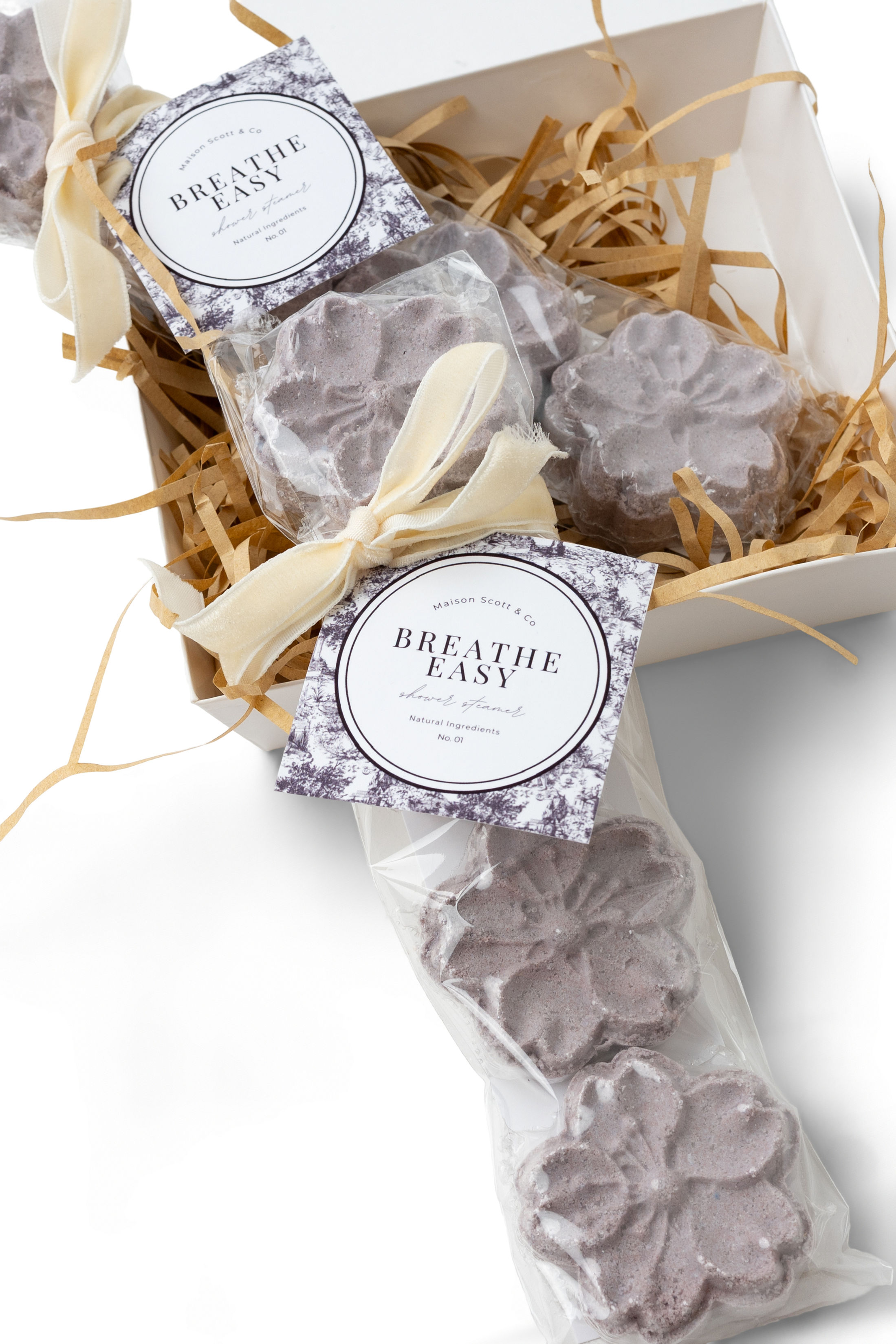 Shower steamers in a box with breathe easy labels, Shower Steamers Set.