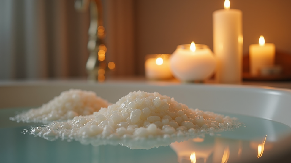 Close-up view of a luxurious bath setup with candles and natural bath salts