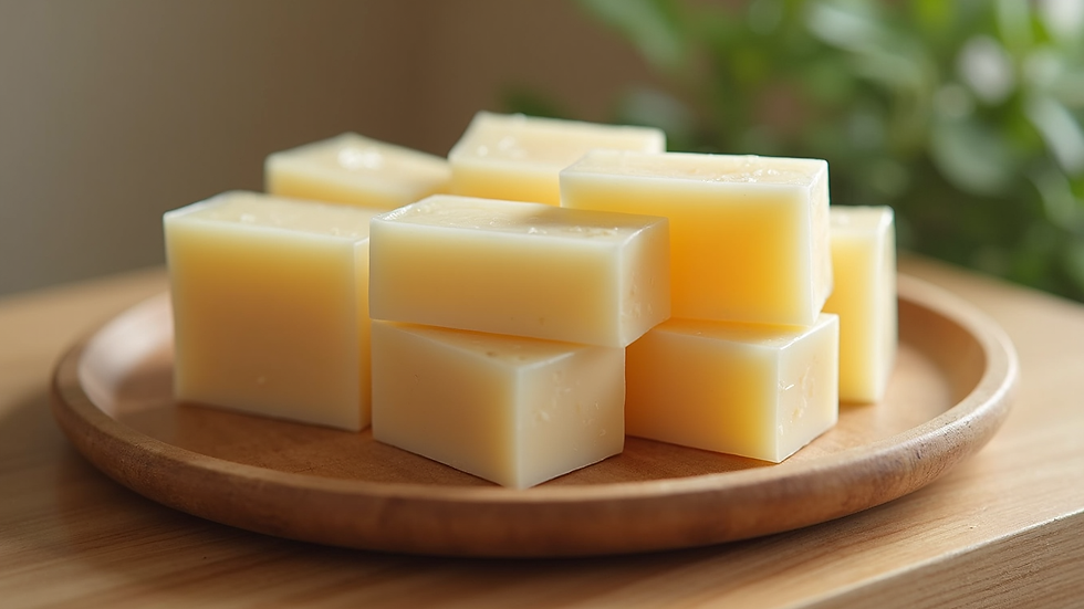 Close-up view of luxury soap bars stacked on a wooden tray