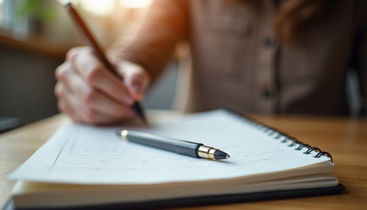 Vista a nivel de ojo de una libreta abierta con notas y un bolígrafo sobre una mesa de madera
