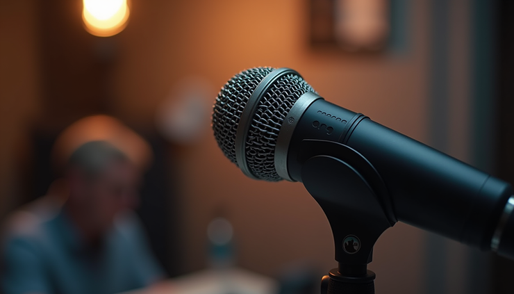 Vista a nivel de ojo de un micrófono profesional en estudio de grabación