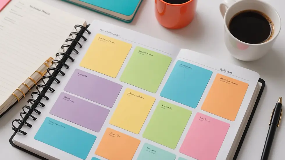 High angle view of a minimalist planner spread with colorful notes