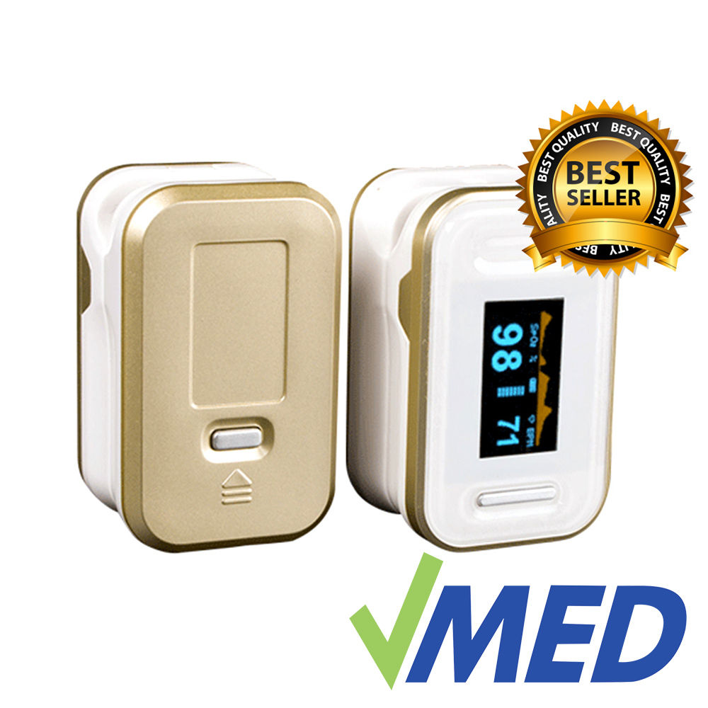 VMed Fingertip Pulse Oximeter w/ Silicone Case,Pouch and Lanyard GOLD