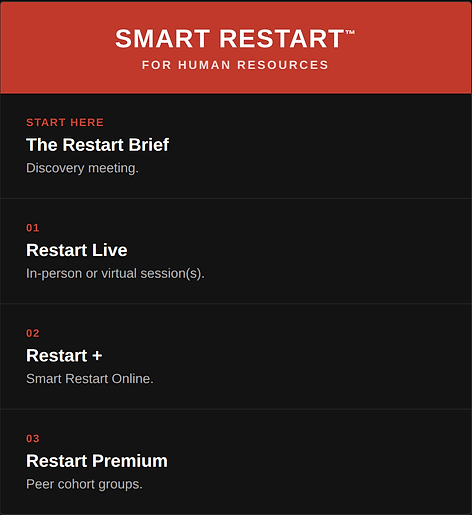 Smart Restart program tiers for HR teams: The Restart Brief discovery meeting, Restart Live in-person or virtual sessions, Restart+ Smart Restart Online, Restart Premium peer cohort groupssmart-restart-card.png