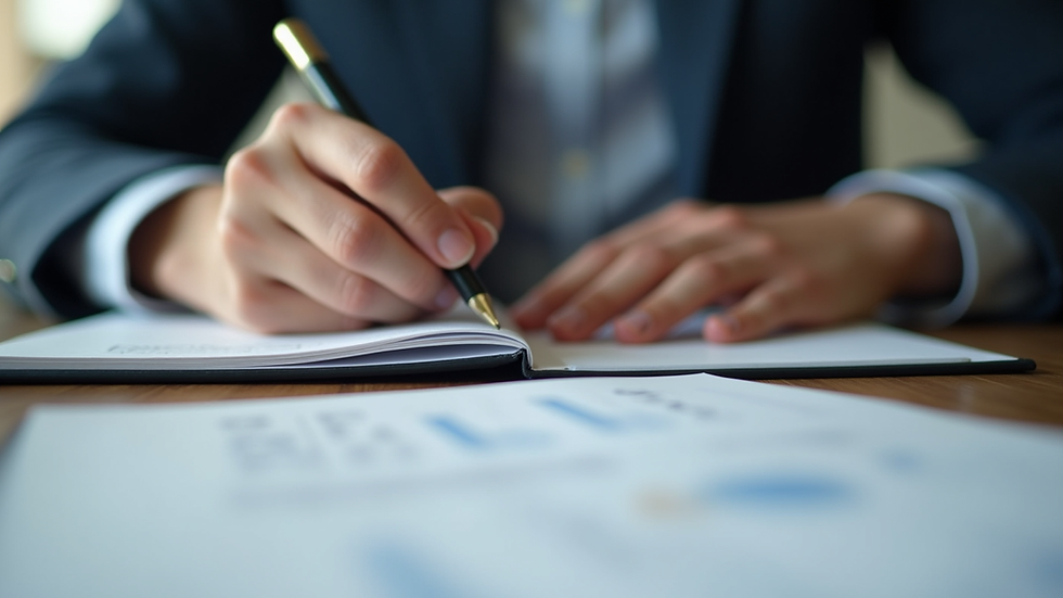 Eye-level view of a person writing business plans on a notebook