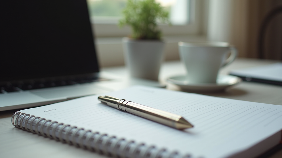 Close-up view of a laptop and planner on a desk with coffee