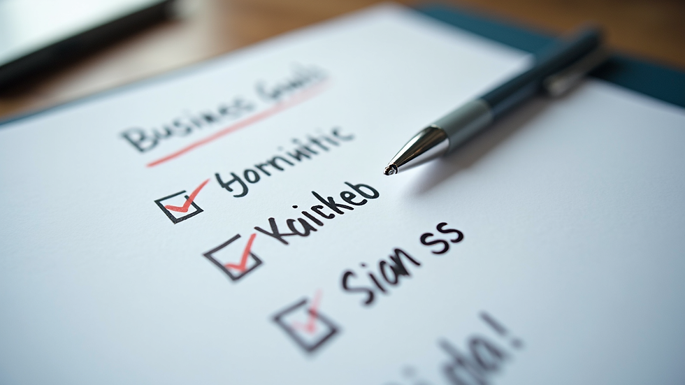 Close-up view of a checklist with business goals and a pen