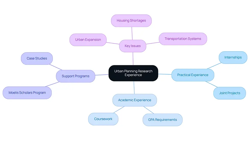 This mindmap illustrates the various components of urban planning research experience for college students. Start at the center with the main theme, then explore the branches to see how practical and academic experiences, support programs, and key issues are interconnected.