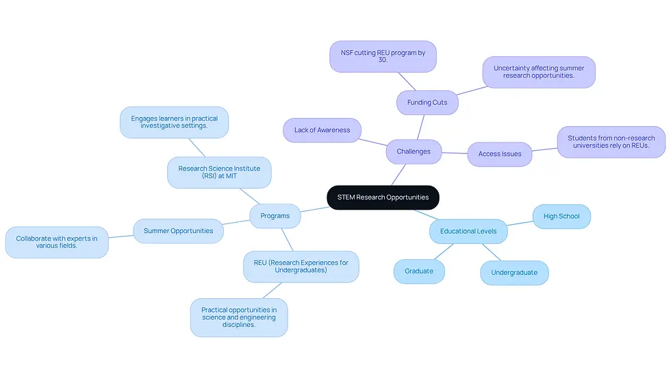 The center represents the main theme of STEM opportunities, while the branches show different educational levels and specific programs. Each program has a brief description to help you understand its purpose and significance.