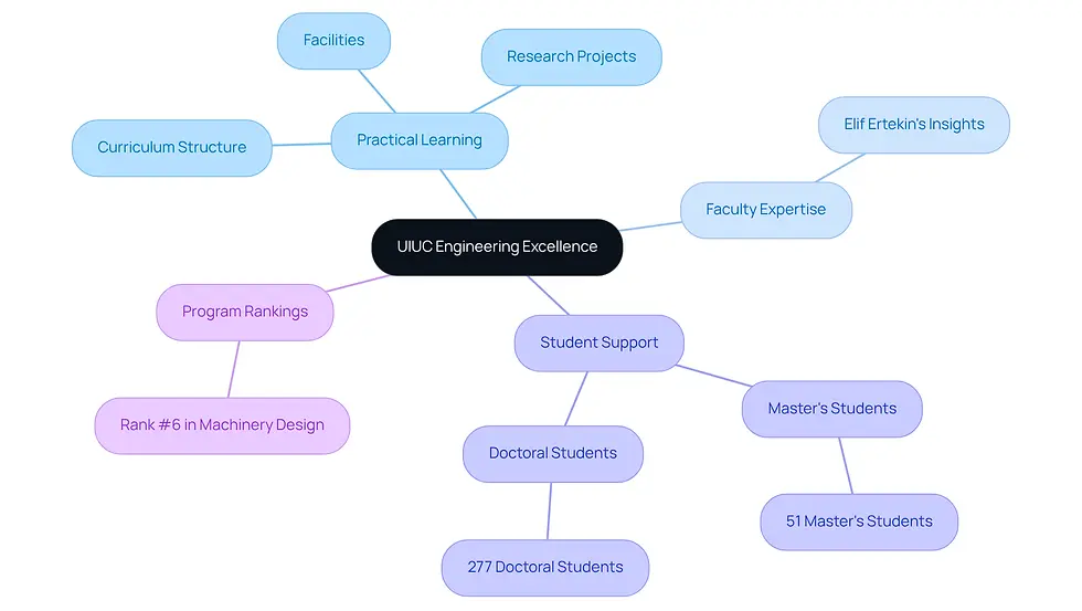 This mindmap illustrates the key aspects of UIUC's engineering programs. Start at the center with the main theme, then explore each branch to see how practical learning, faculty insights, student support, and program rankings contribute to the university's excellence in engineering.