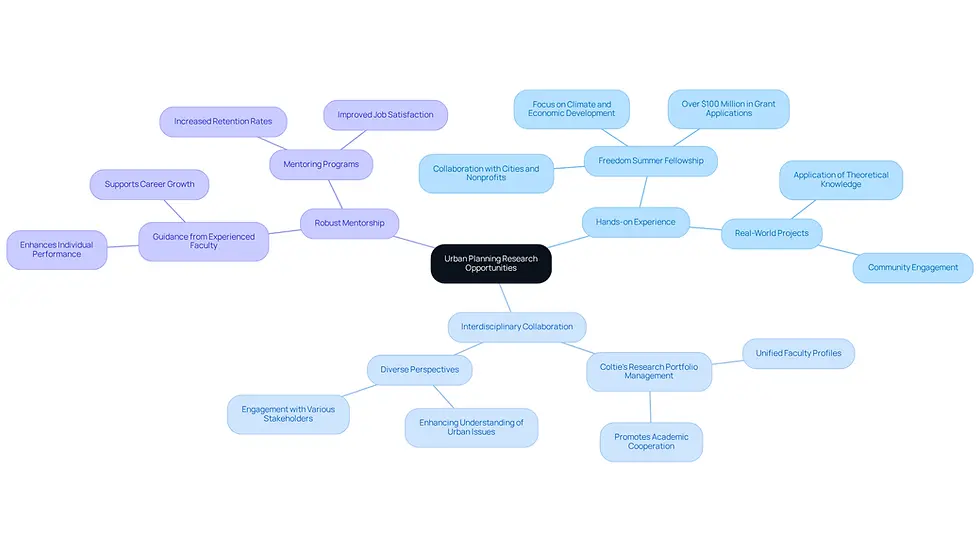 The central node represents the main theme of urban planning research. Each branch shows a key characteristic, and the sub-branches provide specific examples or details related to that characteristic. This layout helps visualize how different aspects of urban planning research are interconnected.