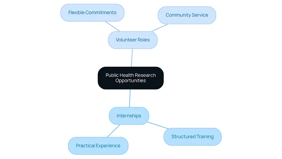 The center represents the overall theme of research opportunities. The branches show the two main pathways available, and the sub-branches detail the specific characteristics of each pathway. This layout helps you see how each option differs and what you can expect from them.