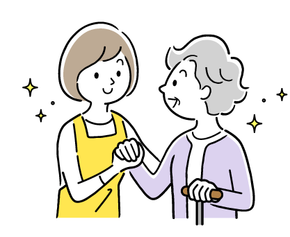 笑顔の職員がシニアの女性に寄り添う姿