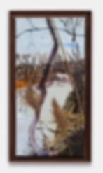 Darius Yektai, Sag Bridge (Winter) , 2026, oil, phragmites, and resin on linen, 44 x 22
