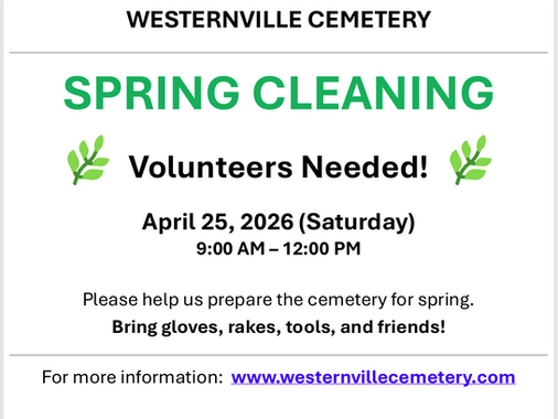 Westernville Cemetery Spring Cleaning Volunteers Needed flyer for April 25, 2026 (Saturday) for 9 AM to 12 PM