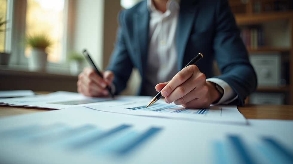 Eye-level view of a business consultant reviewing documents on a desk