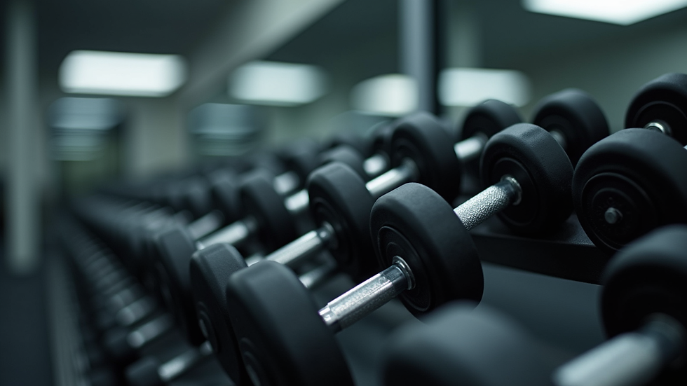 Close-up view of dumbbells arranged on a rack in a gym