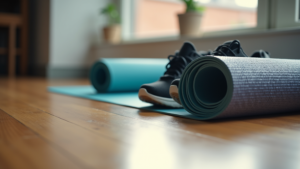 Close-up view of yoga mat and running shoes side by side on wooden floor