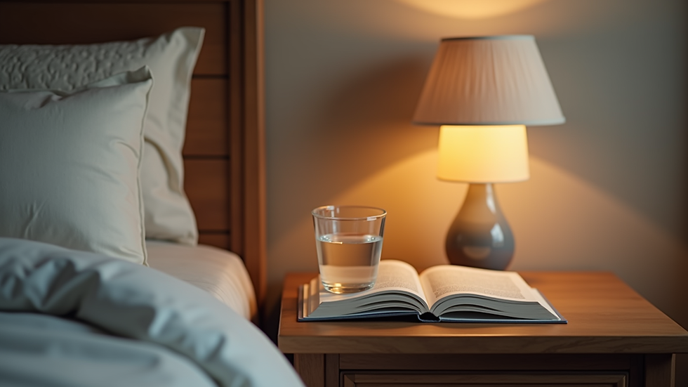 Close-up view of a bedside table with a glass of water, a book, and a small lamp
