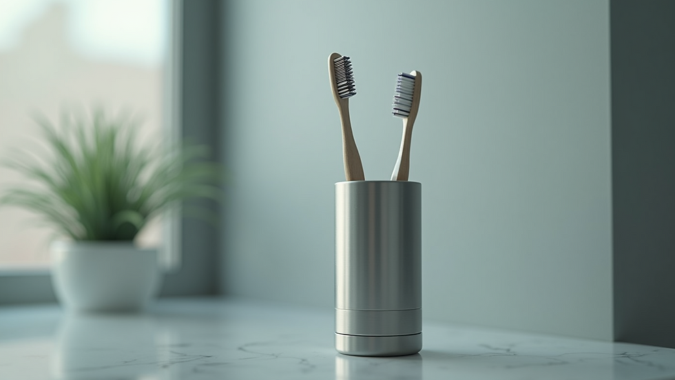 Close-up view of an aluminum toothbrush holder with a matte finish