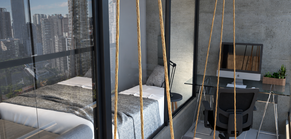 Apartamento compacto de 25 m² na Vila Olímpia com cama, cozinha planejada, armários sob medida e bancada de trabalho.