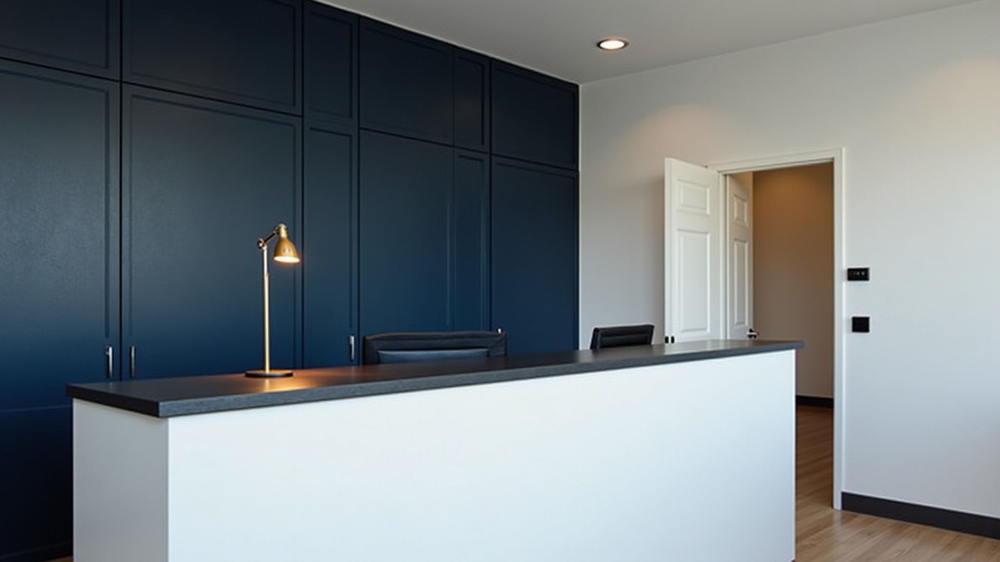 Modern office reception area with stylish desk and lighting, Passage Financial.