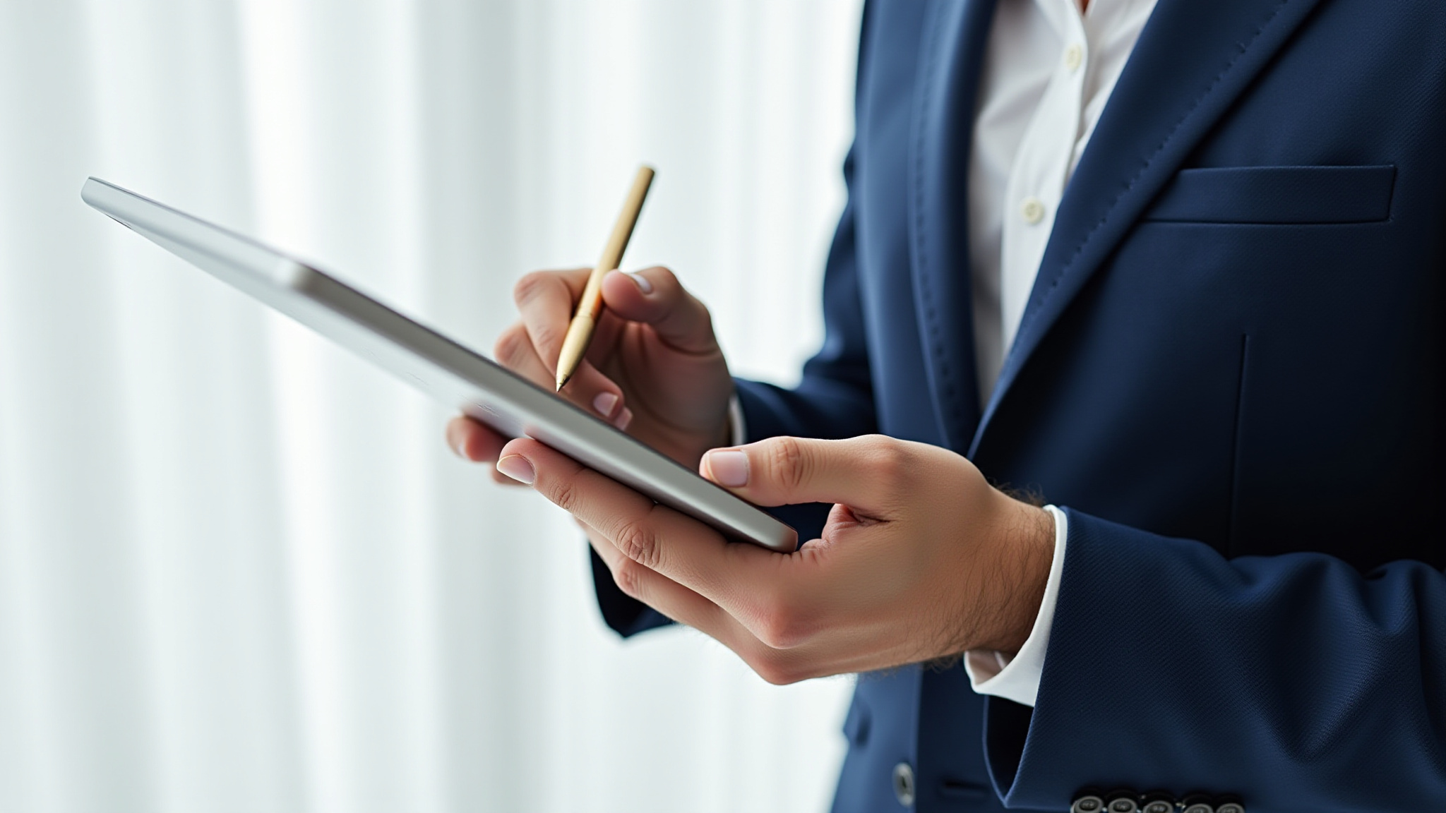 Person writing on tablet with pen. Business suit attire and Passage Financial