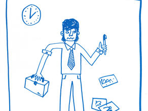 a blue line drawing by BEFMAKES of a nine to five employee carrying a briefcase and a confused expression.