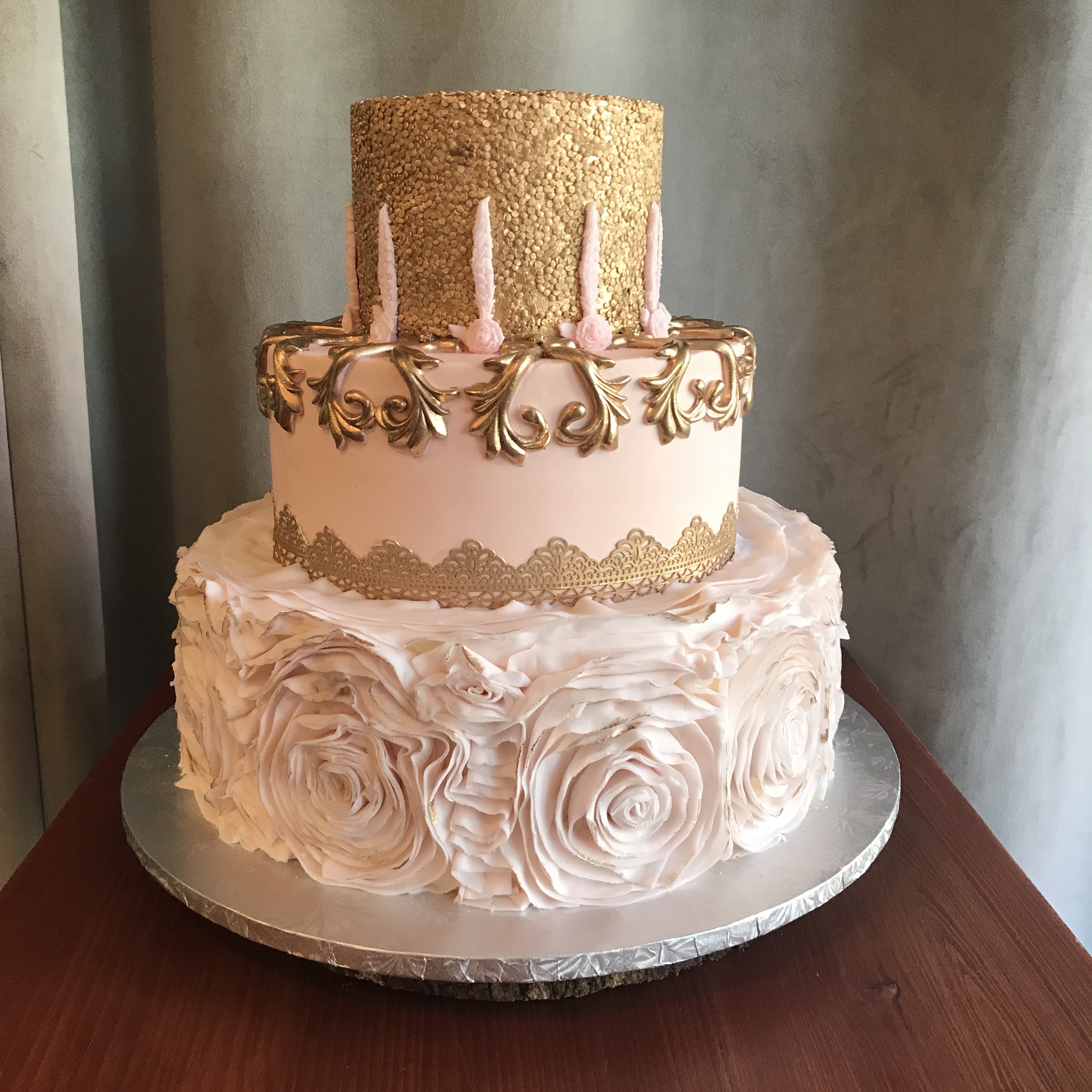 pink white and gold baby shower cake