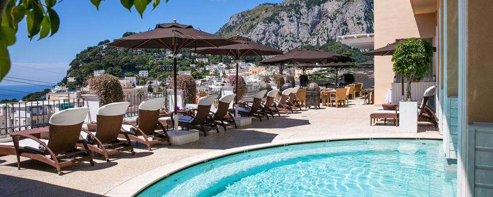 The pool and sundeck at the Capri Tiberio Palace.