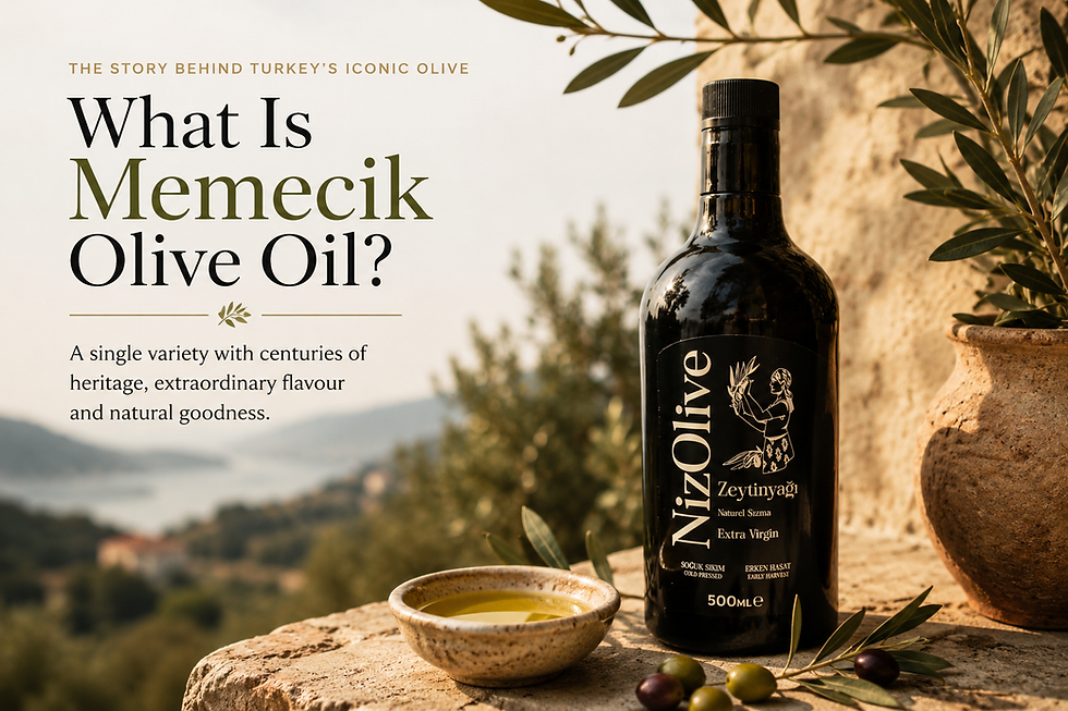 Bottle of NizOlive early harvest Memecik extra virgin olive oil overlooking the Aegean landscape, surrounded by olive branches and fresh olives.