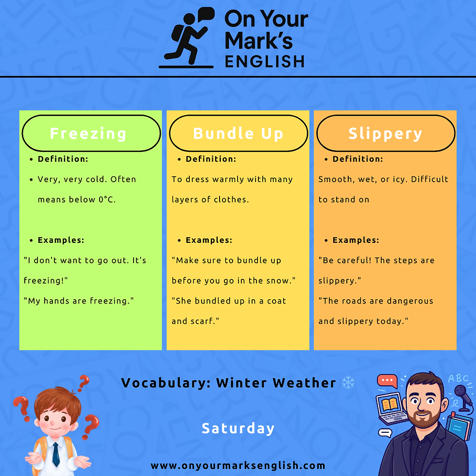 A winter-themed graphic defining Freezing, Bundle up, and Slippery with icons of a thermometer, a scarf, and a warning sign.
