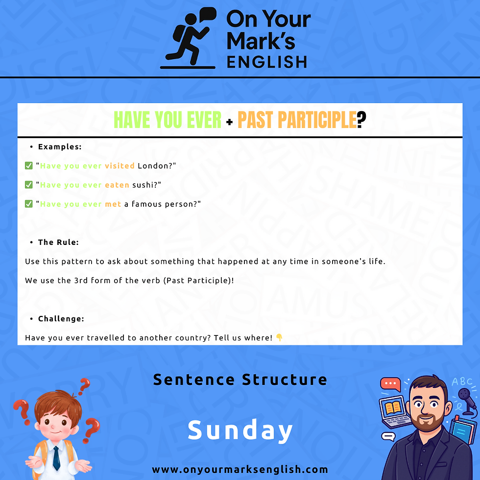 An infographic showing the sentence structure for "Have you ever" with examples like visiting London or eating sushi.