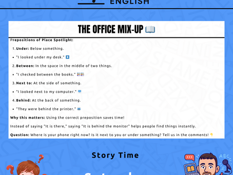 An infographic showing prepositions of place with illustrations of a desk, books, a computer, and a printer.