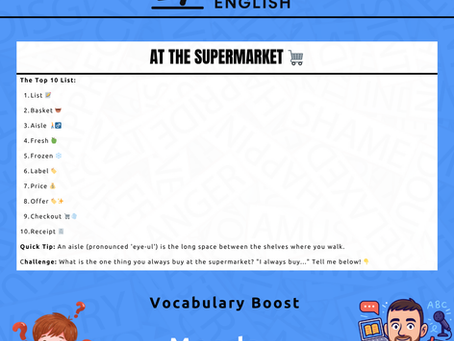An infographic showing 10 supermarket words with icons like a shopping basket, a price tag, and a receipt.