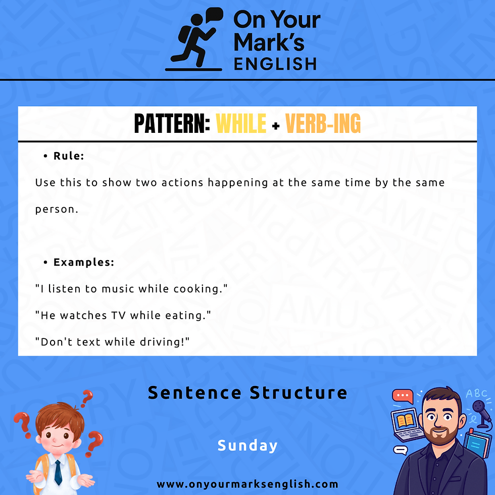A grammar poster titled "Grammar: Simultaneous Actions" showing icons of cooking and listening to music to illustrate the While + ING rule.