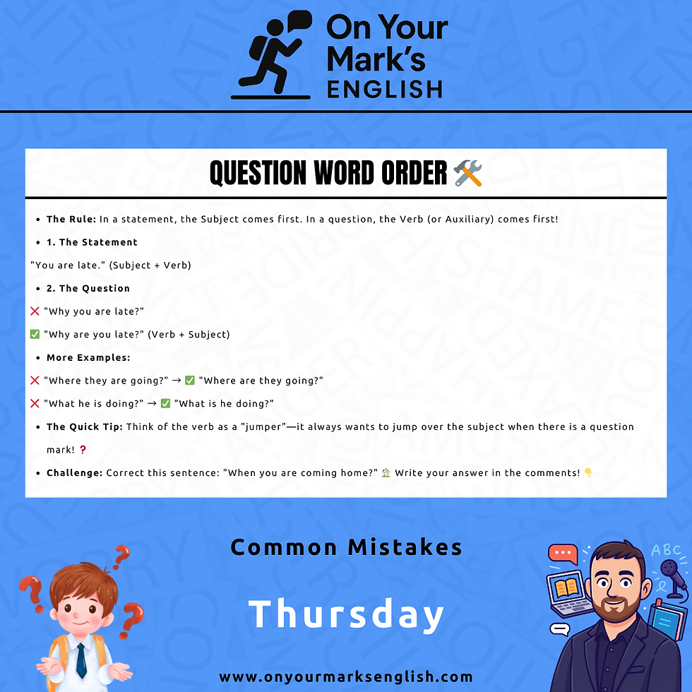 An infographic showing the "Subject-Verb Swap" for English questions with "Check" and "X" marks for correct/incorrect examples.