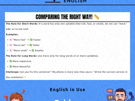 An infographic comparing "more fast" vs "faster" and "more tall" vs "taller" with a simple grammar rule guide.