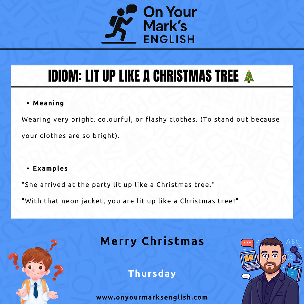 A festive vocabulary poster showing a Christmas tree next to a person wearing a very bright, colorful outfit.