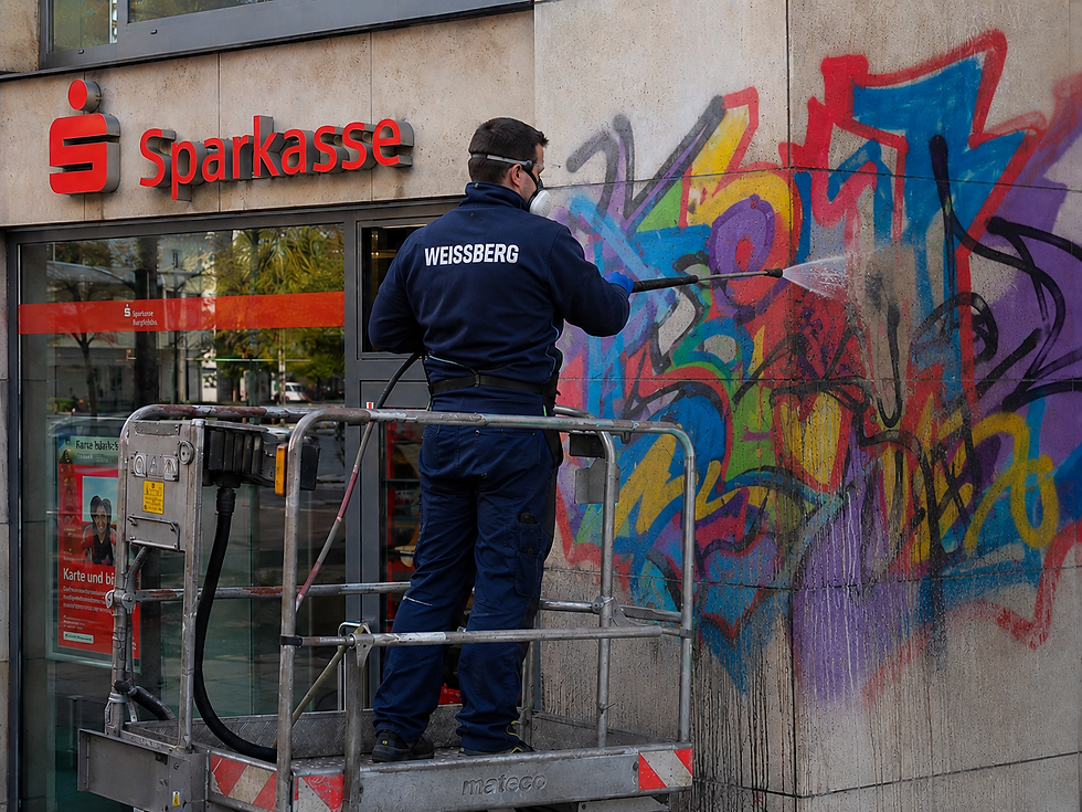Graffitientfernung an einer Bankfassade