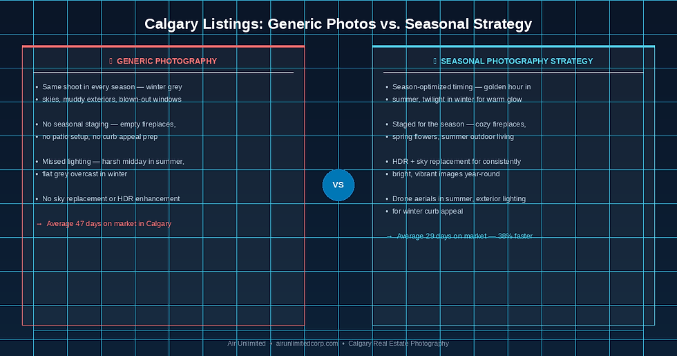 Comparison infographic — generic photography vs. seasonal strategy for Calgary real estate listings, showing days on market and performance differences