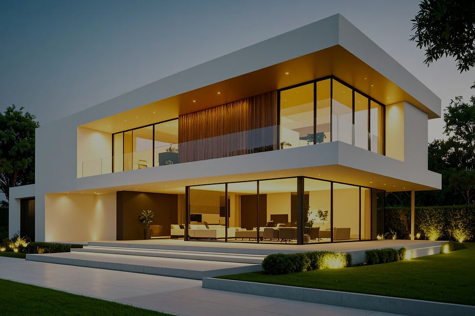 Modern Calgary home exterior illuminated at twilight with architectural lighting